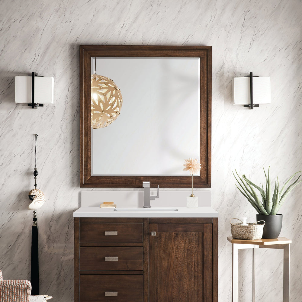 
                  
                    Addison 36" Single Vanity Cabinet in Mid-Century Acacia Single Bathroom Vanity James Martin Vanities White Zeus Single Faucet Quartz Top w/Backsplash 
                  
                