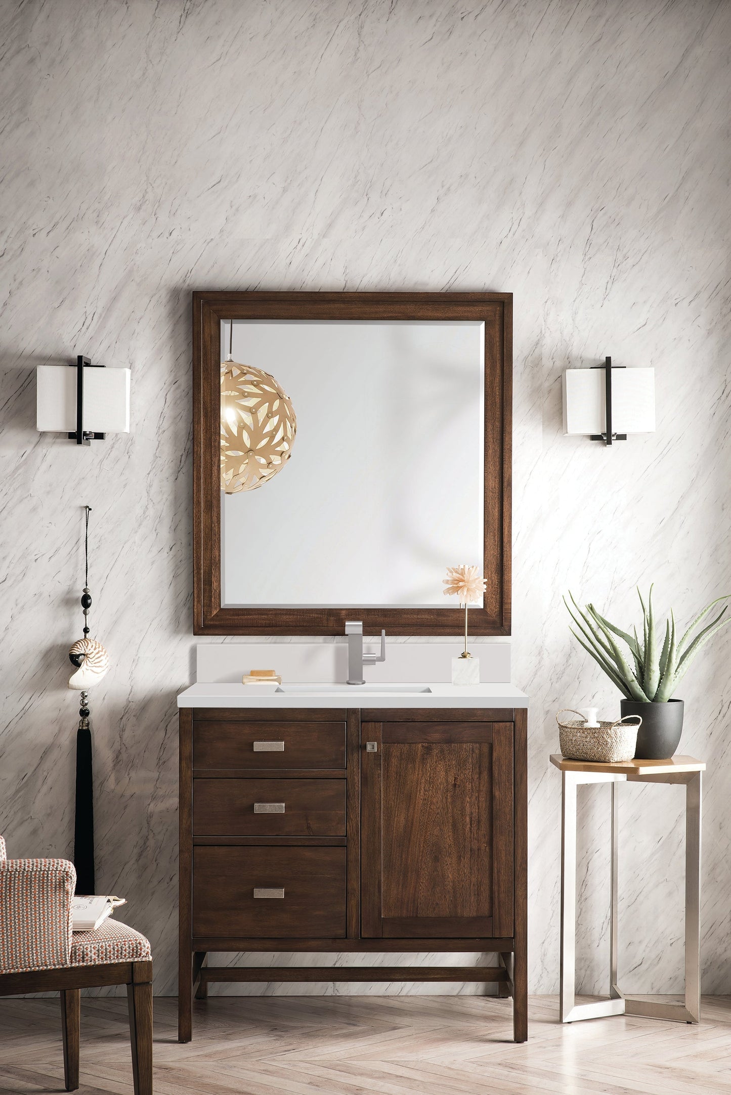 
                  
                    Addison 36" Single Vanity Cabinet in Mid-Century Acacia Single Bathroom Vanity James Martin Vanities White Zeus Single Faucet Quartz Top w/Backsplash 
                  
                
