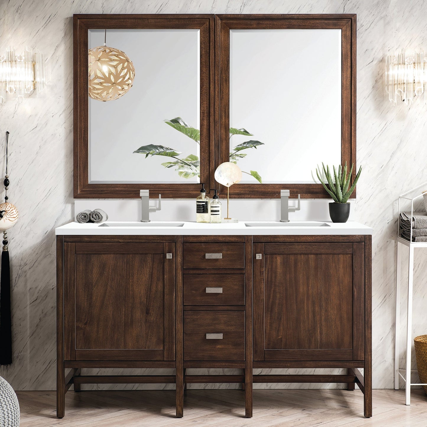 
                  
                    Addison 60" Double Vanity Cabinet in Mid-Century Acacia Double bathroom Vanity James Martin Vanities White Zeus Single Faucet Top with Backsplash 
                  
                