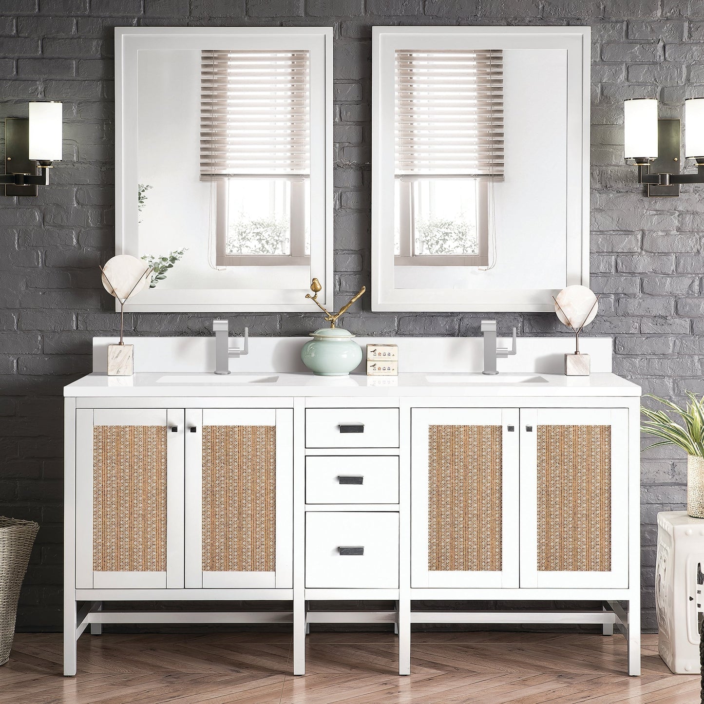 
                  
                    Addison 72" Double Vanity Cabinet in Glossy-White Double Bathroom Vanity James Martin Vanities White Zeus Single Faucet Top w/Backsplash 
                  
                