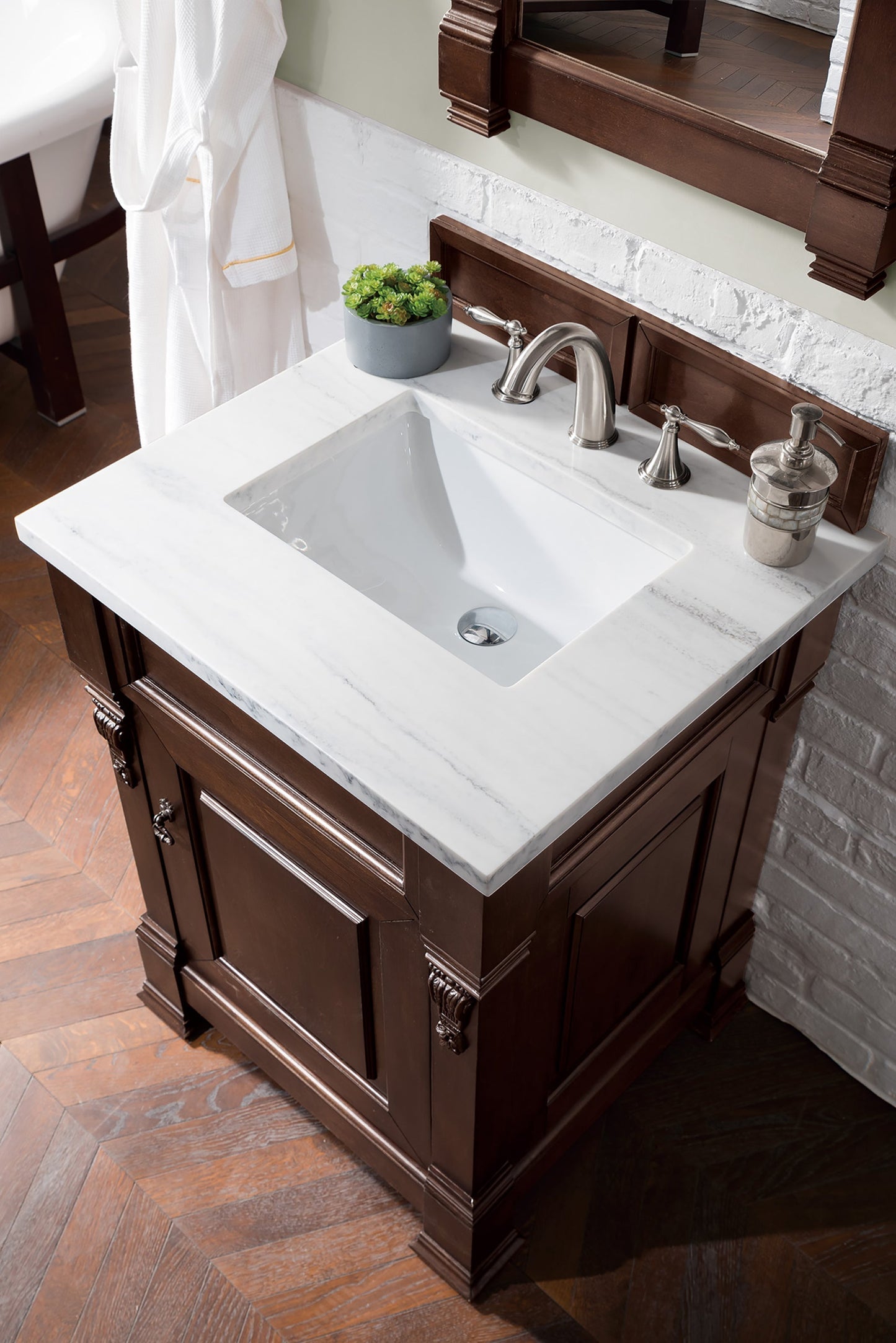 
                  
                    Brookfield 26" Single Bathroom Vanity in Burnished Mahogany Single Bathroom Vanity James Martin Vanities Arctic Fall Solid Surface 
                  
                