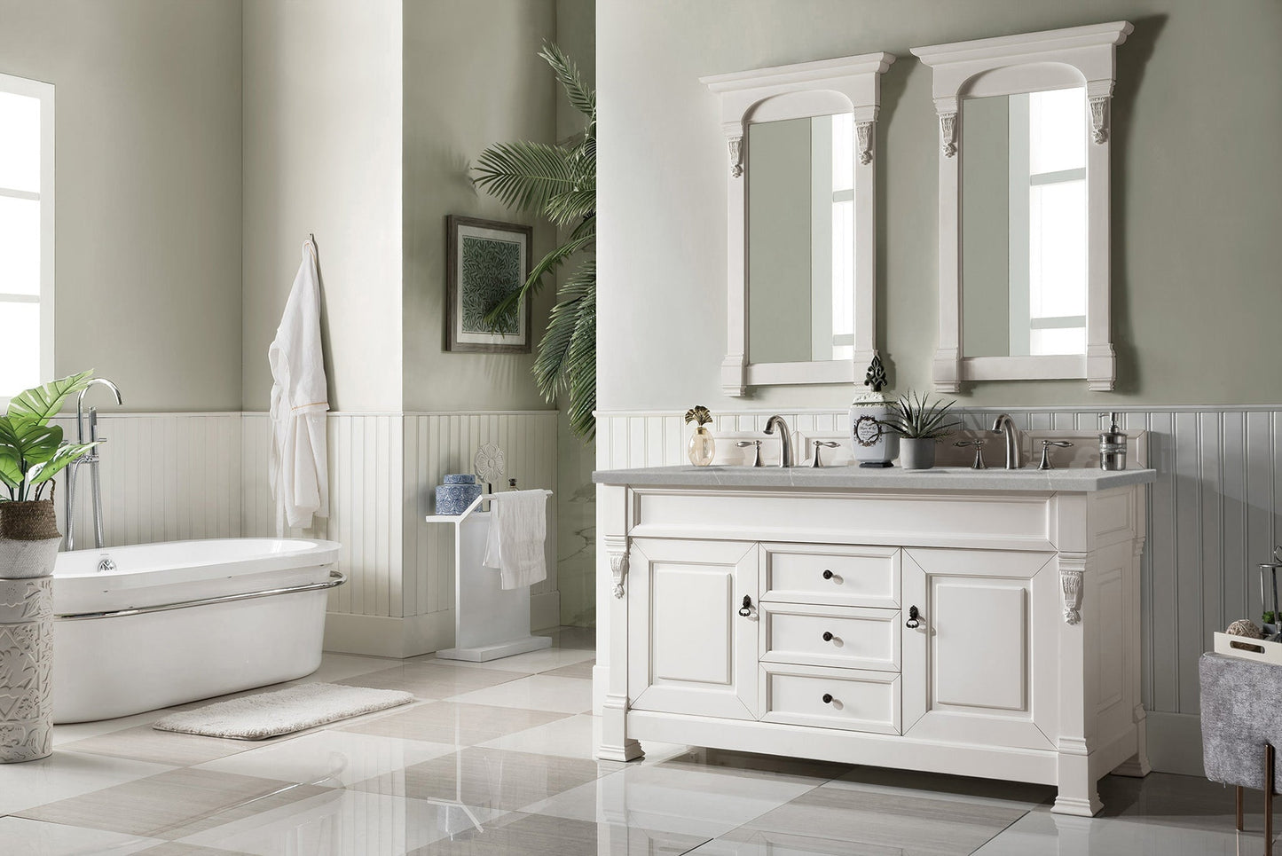 
                  
                    Brookfield 60" Double Bathroom Vanity in Bright White Single Bathroom Vanity James Martin Vanities Eternal Serena Quartz 
                  
                