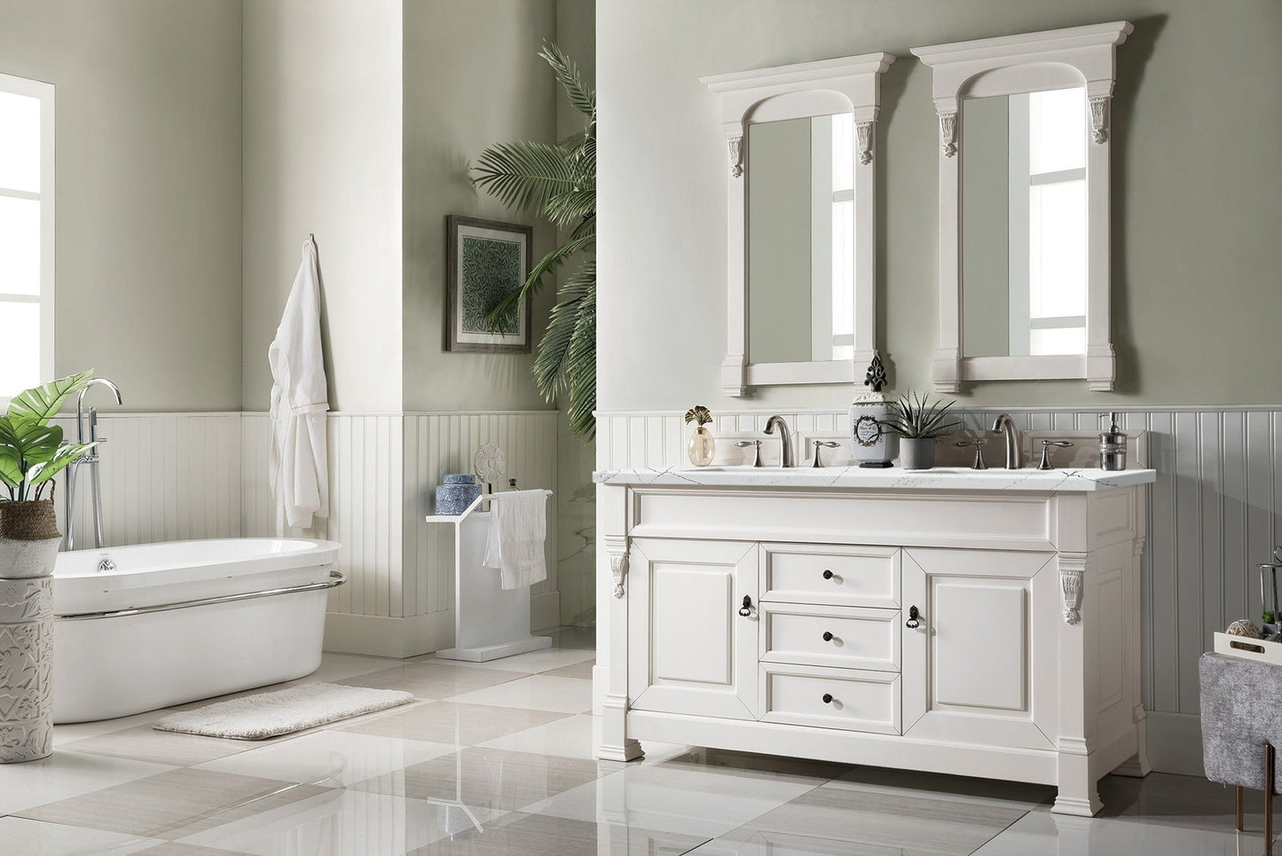 
                  
                    Brookfield 60" Double Bathroom Vanity in Bright White Single Bathroom Vanity James Martin Vanities Ethereal Noctis Quartz 
                  
                