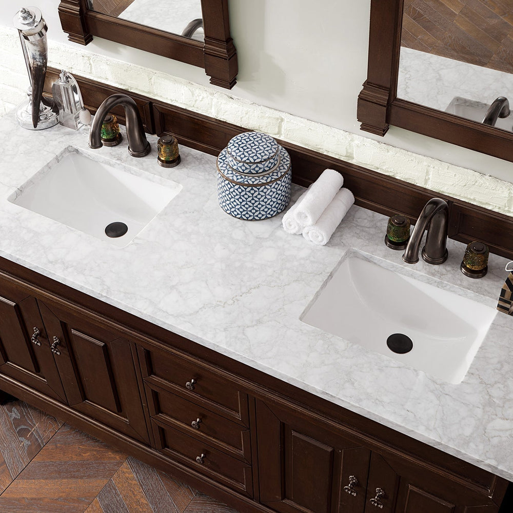 
                  
                    Brookfield 60" Double Bathroom Vanity in Burnished Mahogany Single Bathroom Vanity James Martin Vanities Carrara White Marble 
                  
                