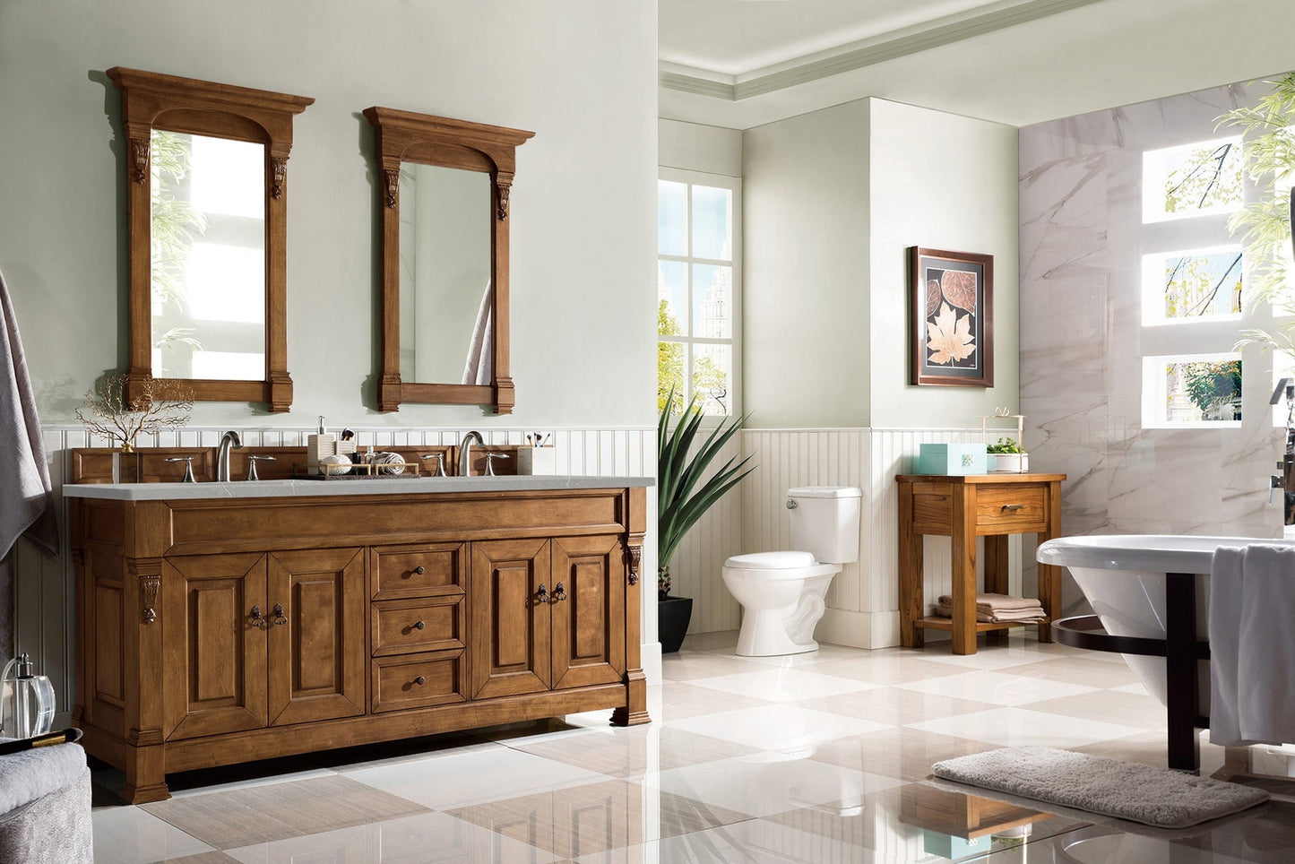 
                  
                    Brookfield 60" Double Bathroom Vanity in Country Oak Single Bathroom Vanity James Martin Vanities Eternal Serena Quartz 
                  
                