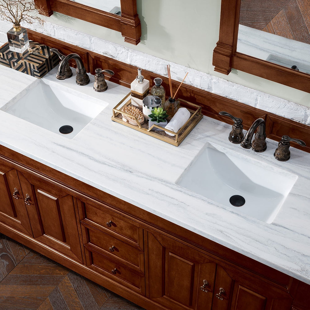 
                  
                    Brookfield 60" Double Bathroom Vanity in Warm Cherry Single Bathroom Vanity James Martin Vanities Arctic Fall Solid Surface 
                  
                