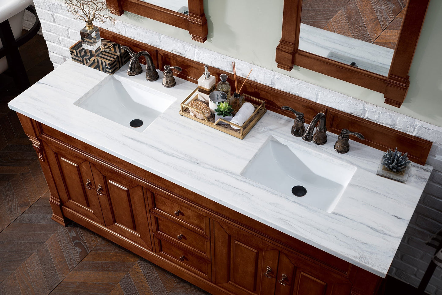 
                  
                    Brookfield 60" Double Bathroom Vanity in Warm Cherry Single Bathroom Vanity James Martin Vanities Arctic Fall Solid Surface 
                  
                