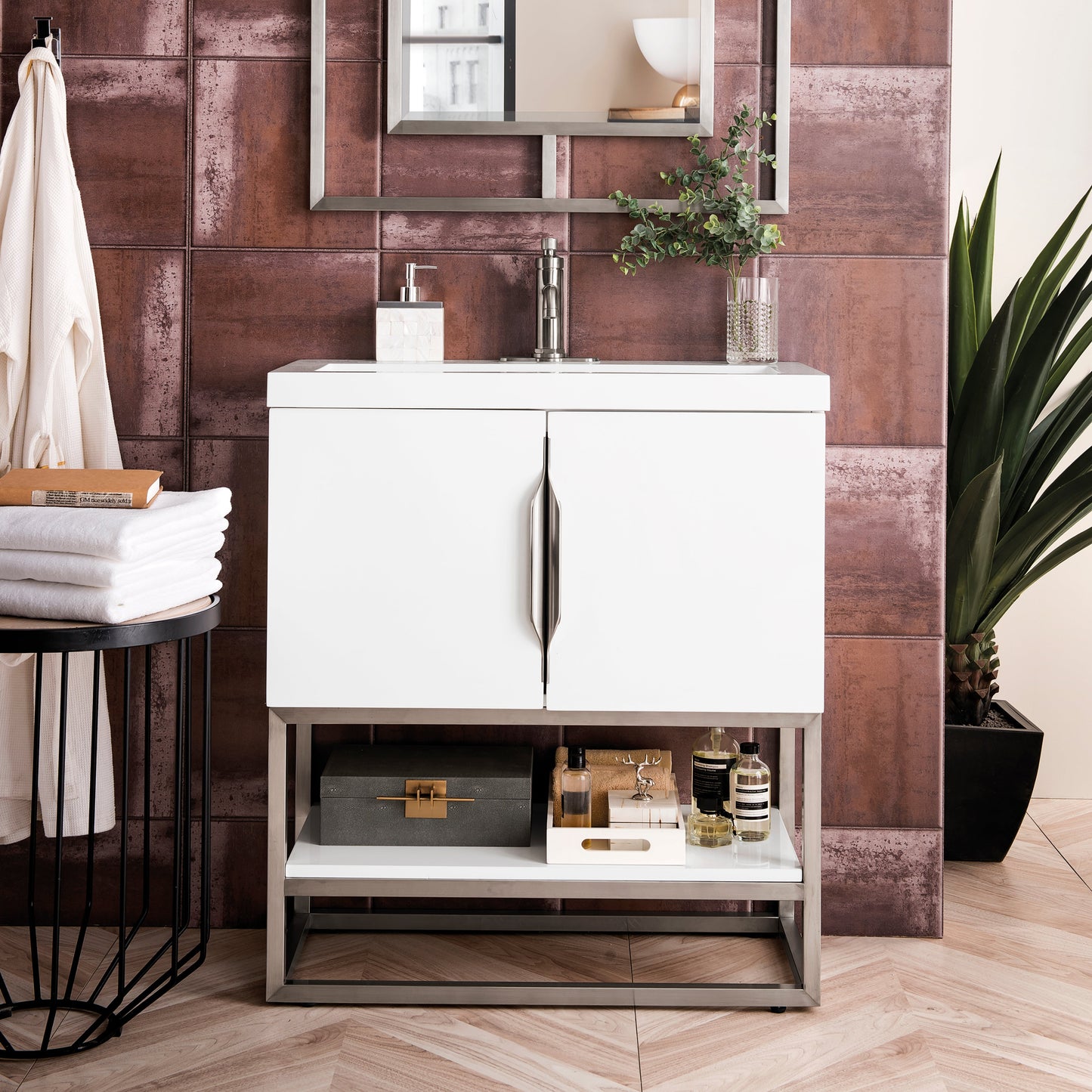 Columbia 31.5" Single Vanity Cabinet in Glossy White with Brushed Nickel Base Single Bathroom Vanity James Martin Vanities 