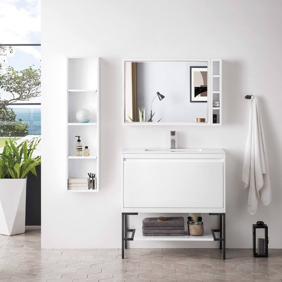 Mantova 35.4" Single Vanity Cabinet, Glossy White, Matte Black Base Single Bathroom Vanity James Martin Vanities 