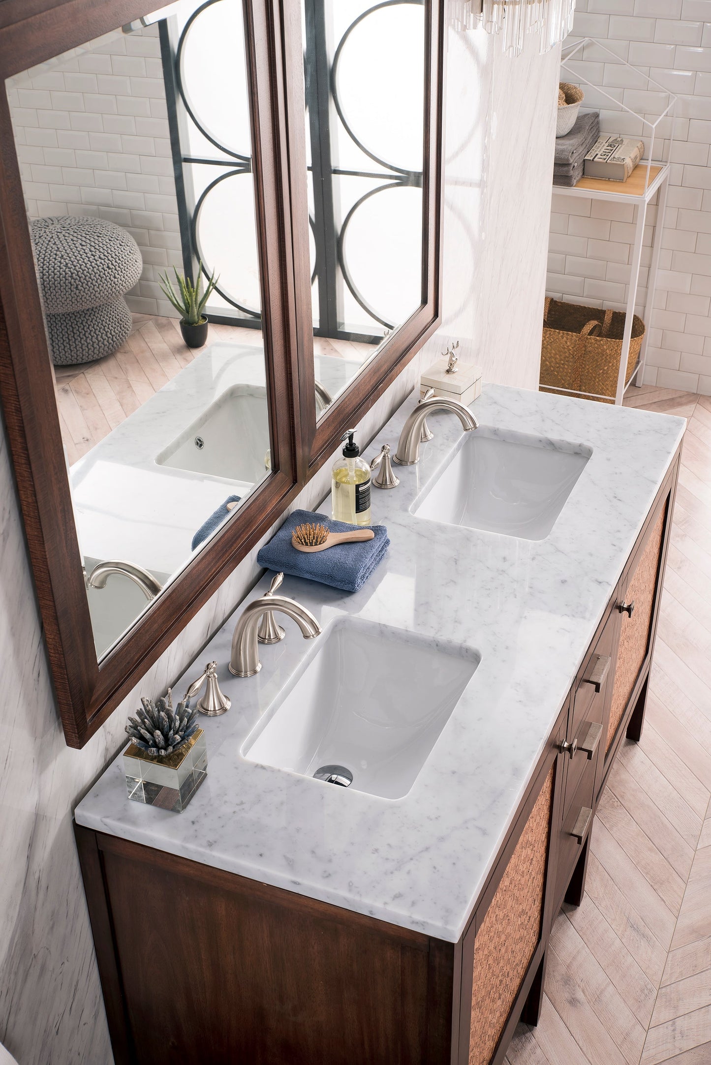 
                  
                    Addison 60" Double Vanity Cabinet Single Bathroom Vanity James Martin Vanities Mid-Century Acacia Carrara White Marble 
                  
                