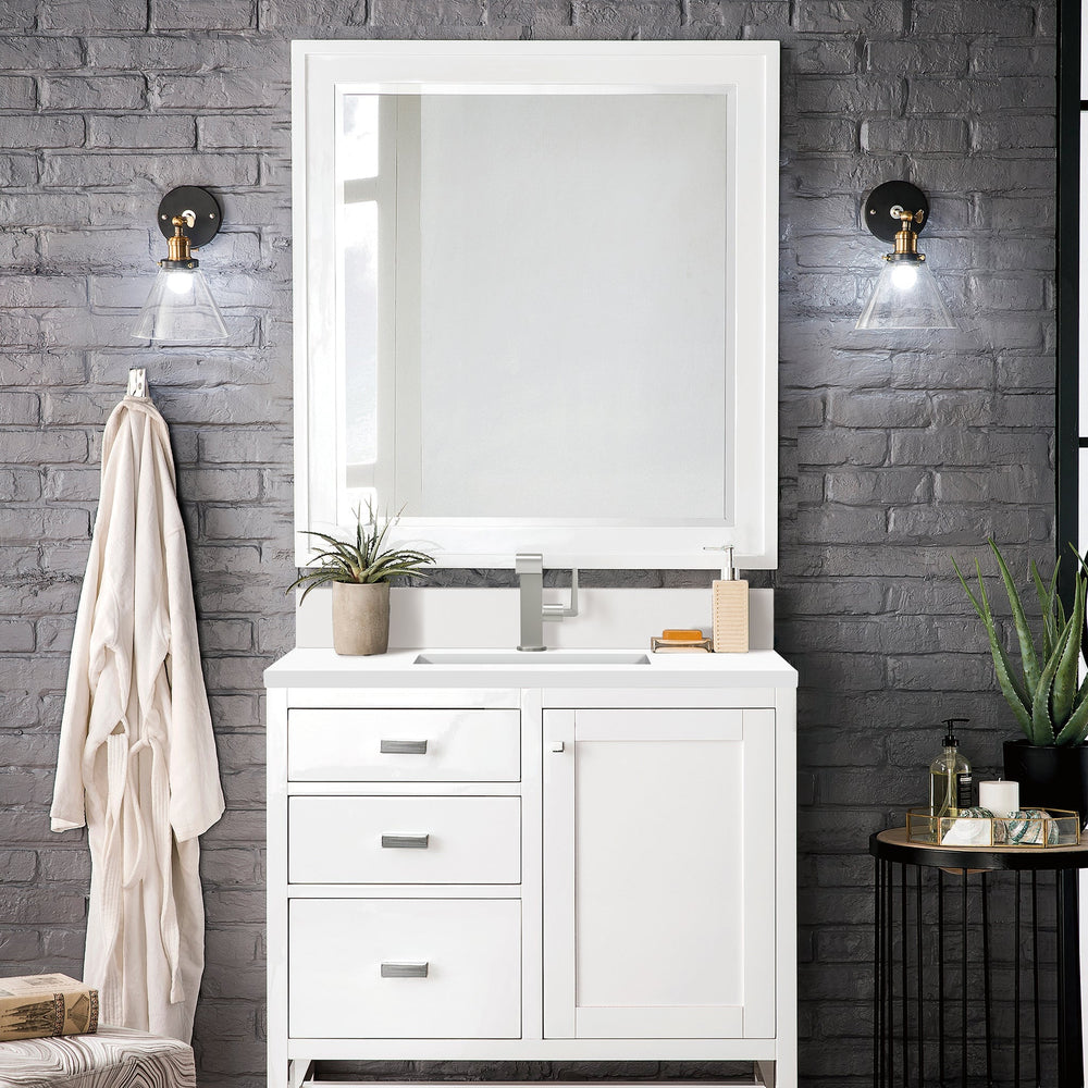 
                  
                    Addison 36" Single Vanity Cabinet in Glossy White Single Bathroom Vanity James Martin Vanities White Zeus Single Faucet Silestone Top w/Backsplash 
                  
                