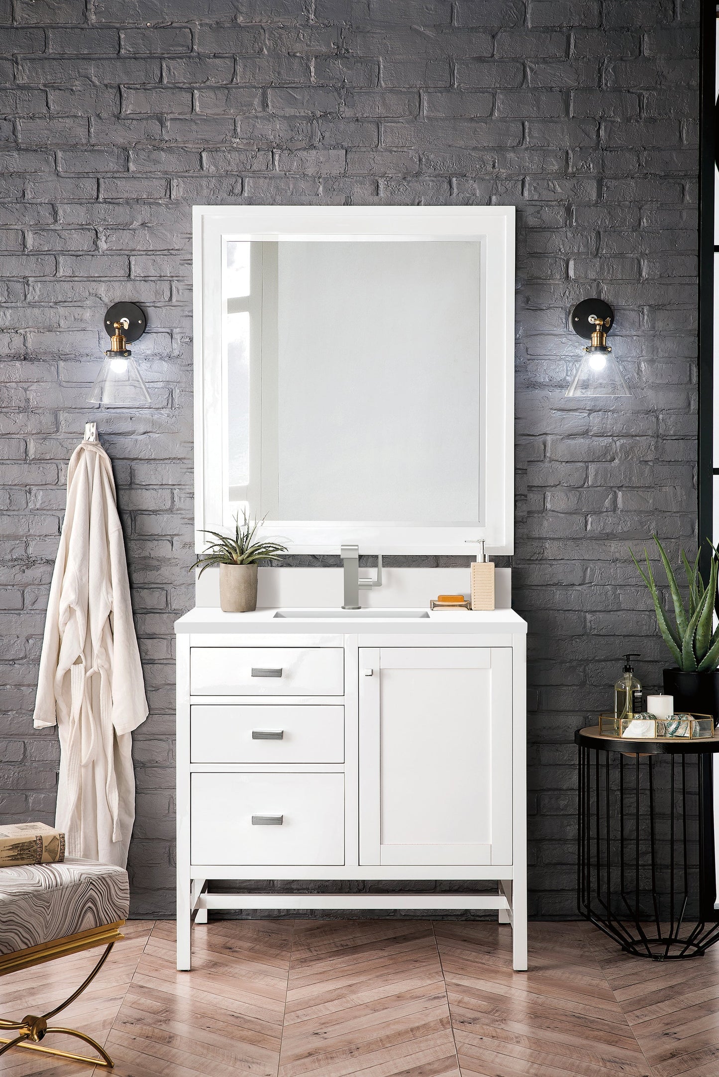 
                  
                    Addison 36" Single Vanity Cabinet in Glossy White Single Bathroom Vanity James Martin Vanities White Zeus Single Faucet Silestone Top w/Backsplash 
                  
                