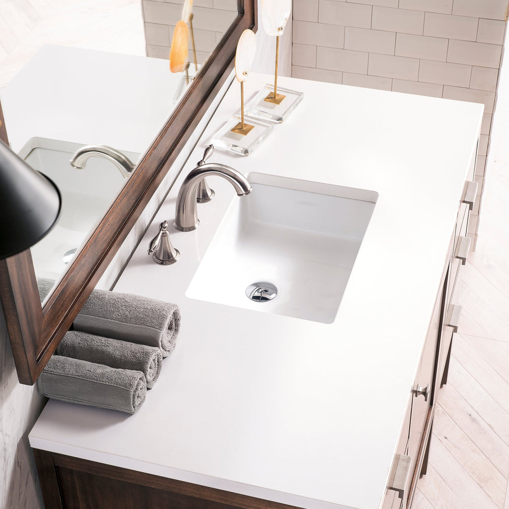 
                  
                    Addison 48" Single Vanity Cabinet in Mid-Century Acacia Single Bathroom Vanity James Martin Vanities White Zeus Silestone 
                  
                