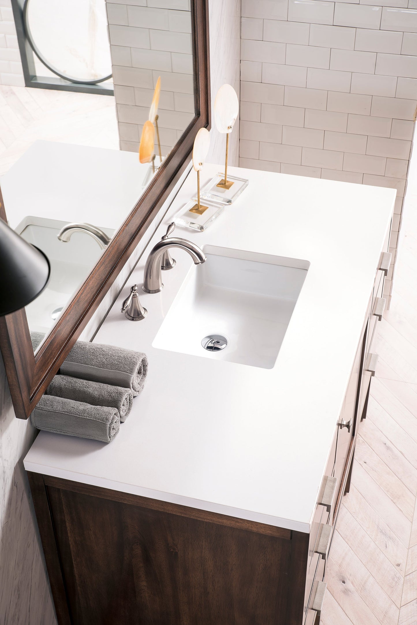 
                  
                    Addison 48" Single Vanity Cabinet in Mid-Century Acacia Single Bathroom Vanity James Martin Vanities White Zeus Silestone 
                  
                