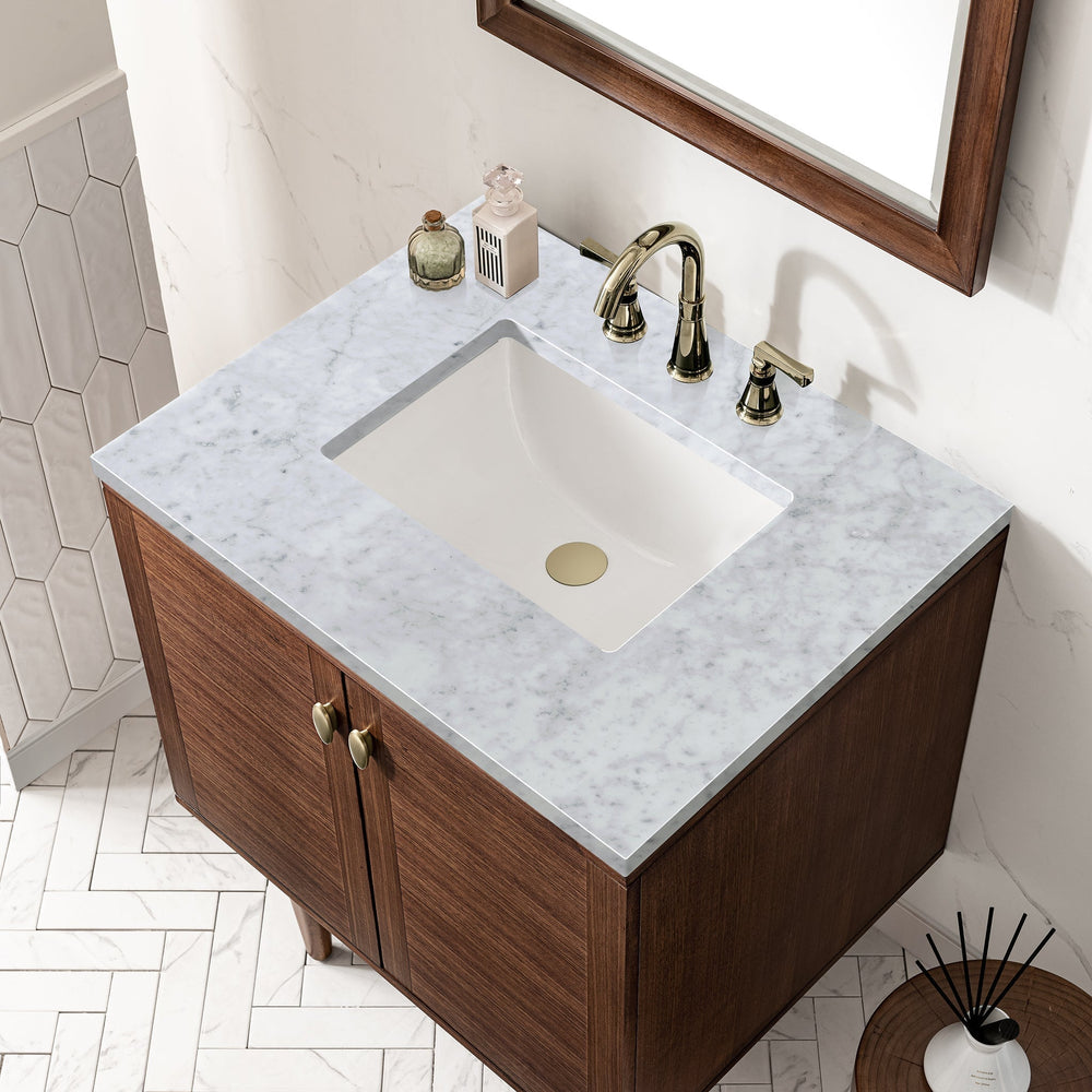 
                  
                    Amberly 30" Single Vanity in Mid-Century Walnut Single Bathroom Vanity James Martin Vanities Carrara White Marble 
                  
                