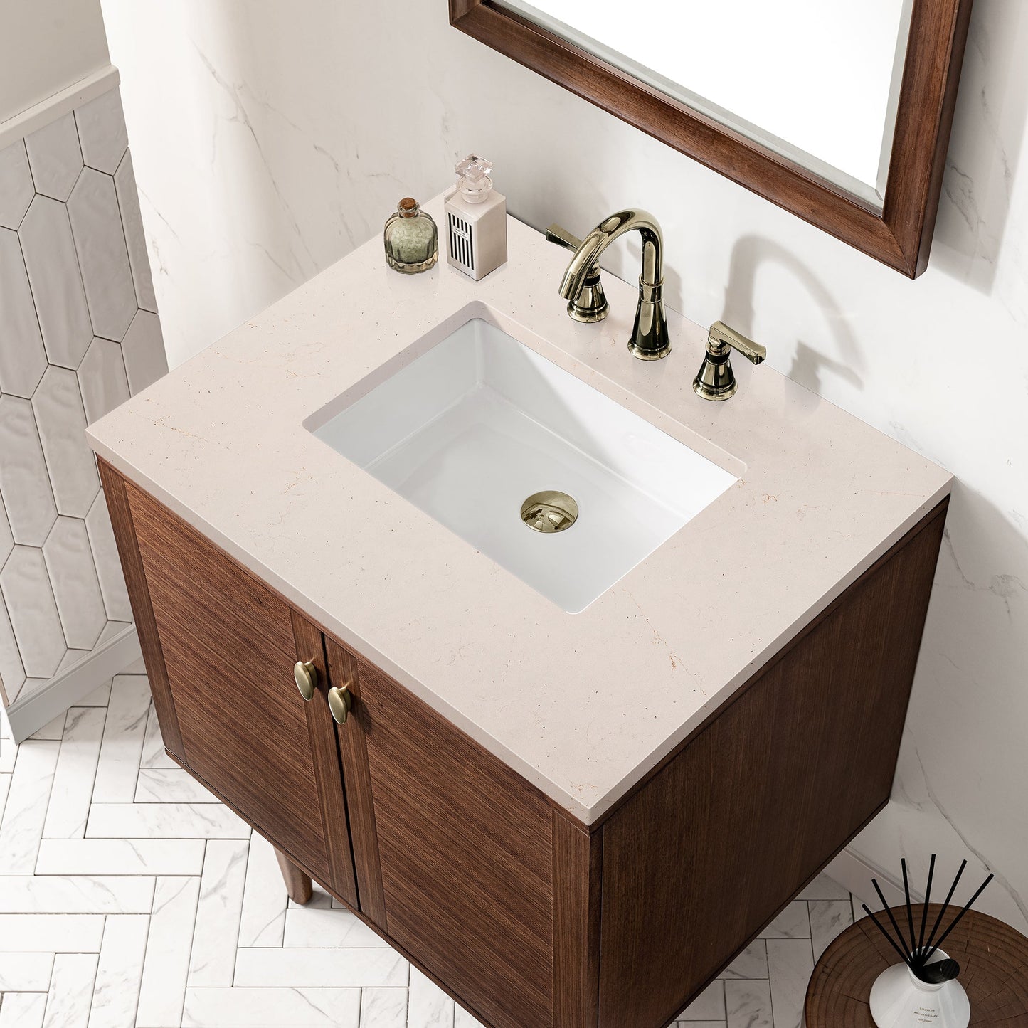 
                  
                    Amberly 30" Single Vanity in Mid-Century Walnut Single Bathroom Vanity James Martin Vanities Eternal Marfil Silestone 
                  
                