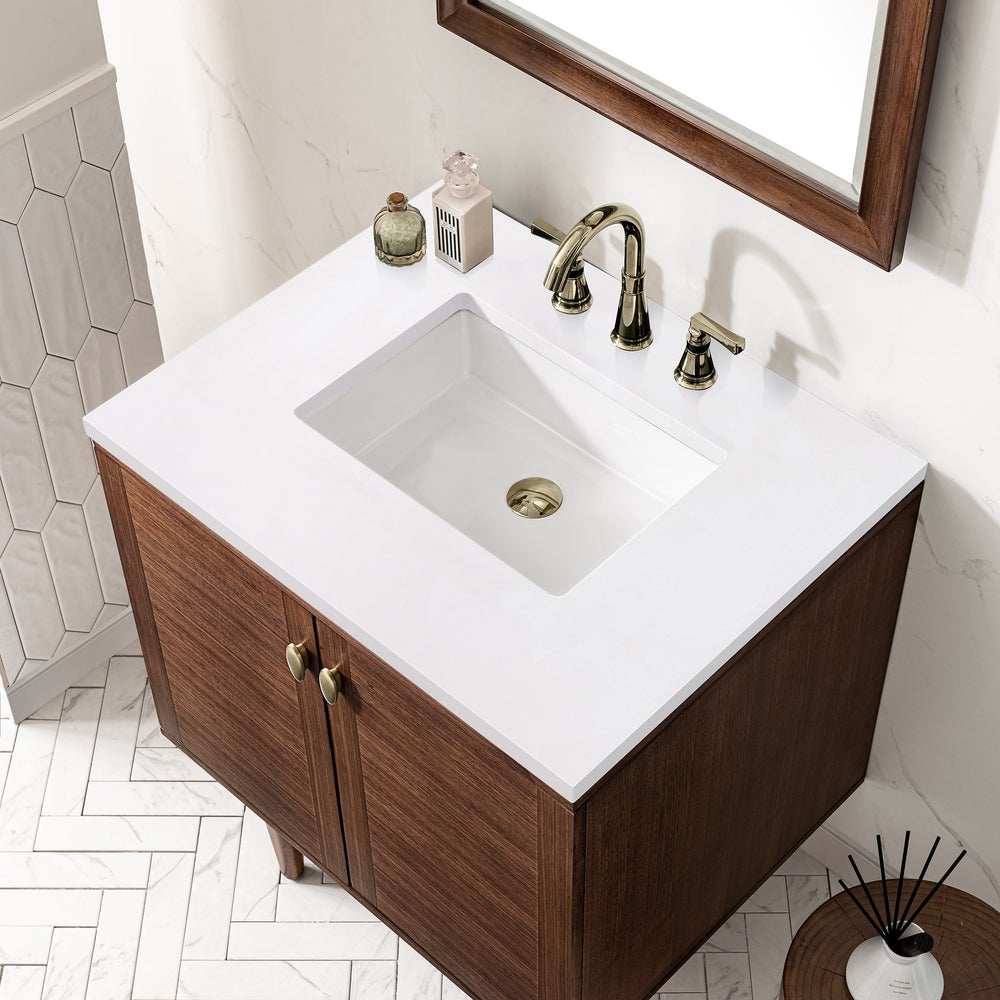 
                  
                    Amberly 30" Single Vanity in Mid-Century Walnut Single Bathroom Vanity James Martin Vanities White Zeus Silestone 
                  
                