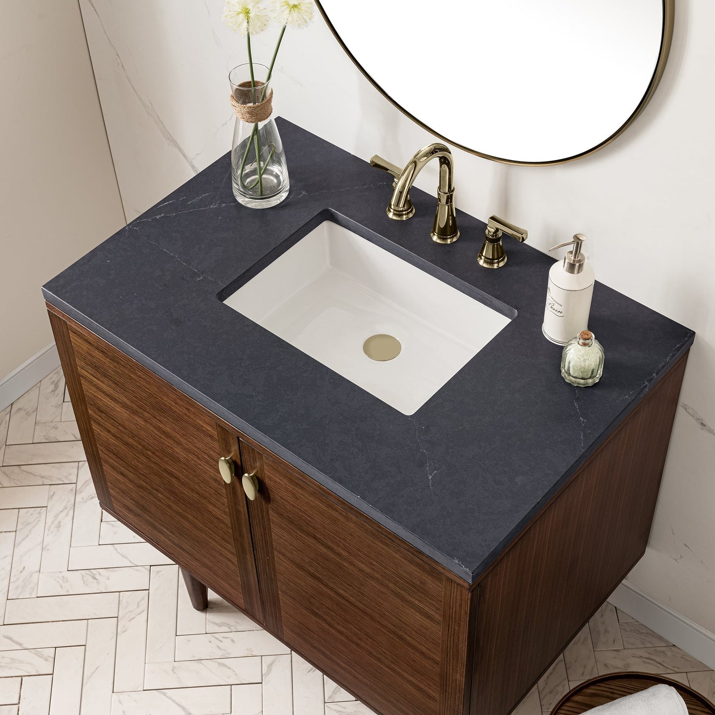 
                  
                    Amberly 36" Single Vanity in Mid-Century Walnut Single Bathroom Vanity James Martin Vanities Charcoal Soapstone Silestone 
                  
                