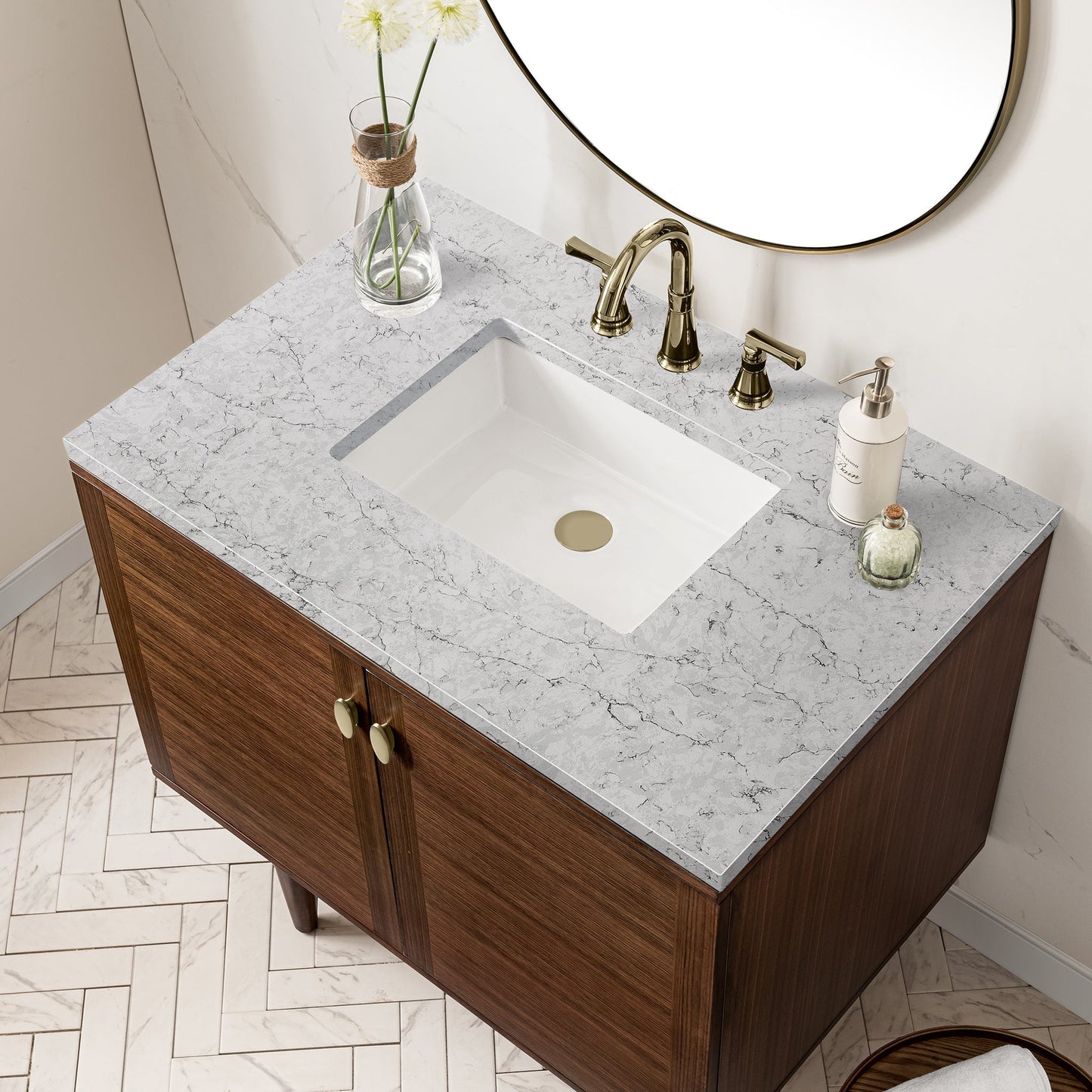 
                  
                    Amberly 36" Single Vanity in Mid-Century Walnut Single Bathroom Vanity James Martin Vanities Eternal Jasmine Pearl Silestone 
                  
                