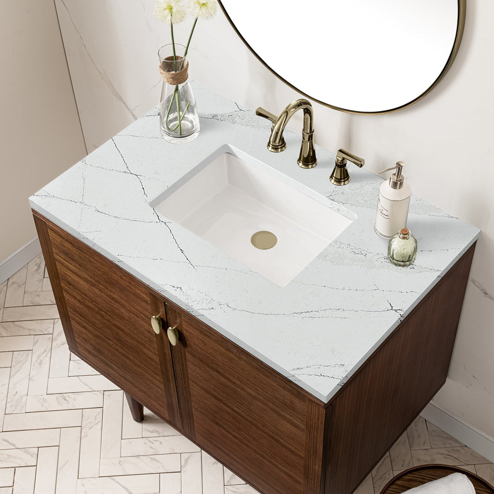 
                  
                    Amberly 36" Single Vanity in Mid-Century Walnut Single Bathroom Vanity James Martin Vanities Ethereal Noctis Quartz 
                  
                