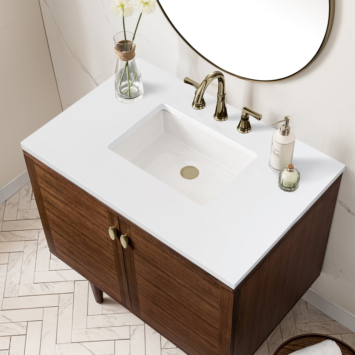 
                  
                    Amberly 36" Single Vanity in Mid-Century Walnut Single Bathroom Vanity James Martin Vanities White Zeus Silestone 
                  
                