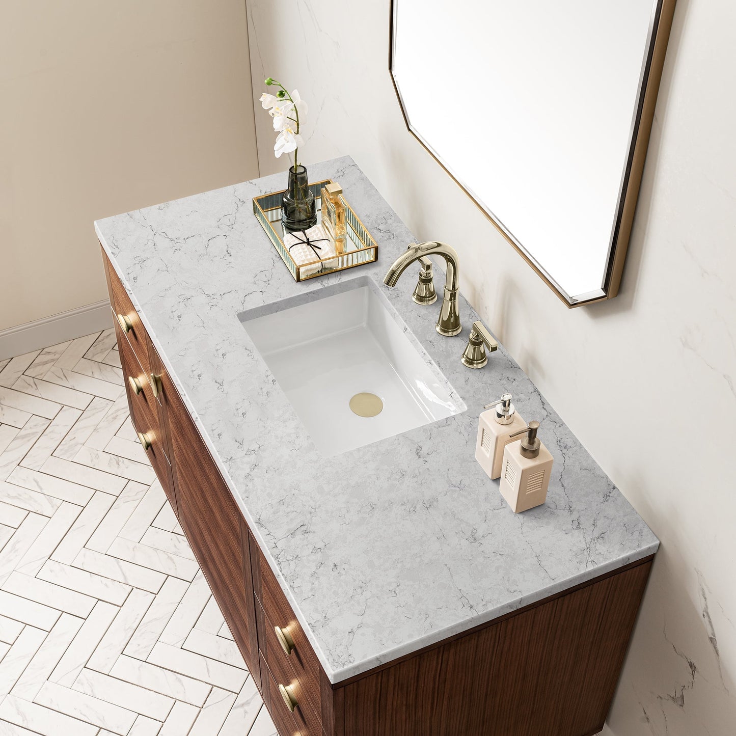 
                  
                    Amberly 48" Single Vanity in Mid-Century Walnut Single Bathroom Vanity James Martin Vanities Eternal Jasmine Pearl Silestone 
                  
                