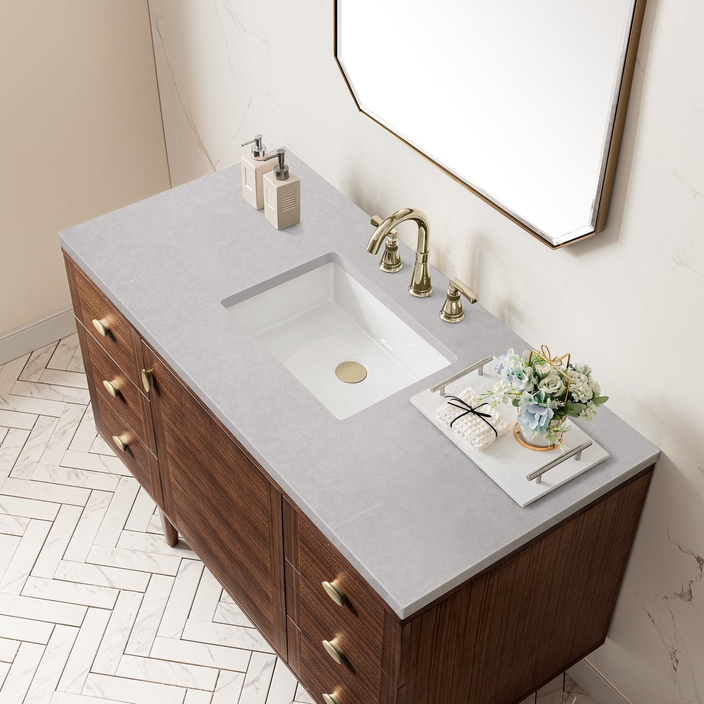 
                  
                    Amberly 48" Single Vanity in Mid-Century Walnut Single Bathroom Vanity James Martin Vanities Eternal Serena Quartz 
                  
                