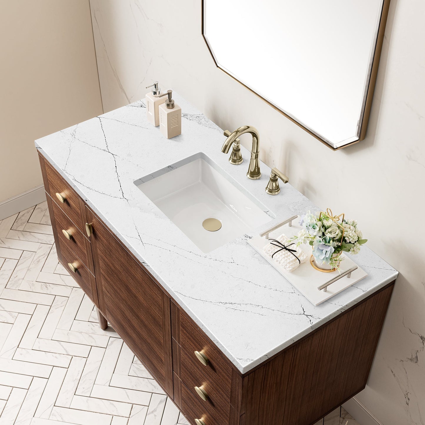 
                  
                    Amberly 48" Single Vanity in Mid-Century Walnut Single Bathroom Vanity James Martin Vanities Ethereal Noctis Quartz 
                  
                