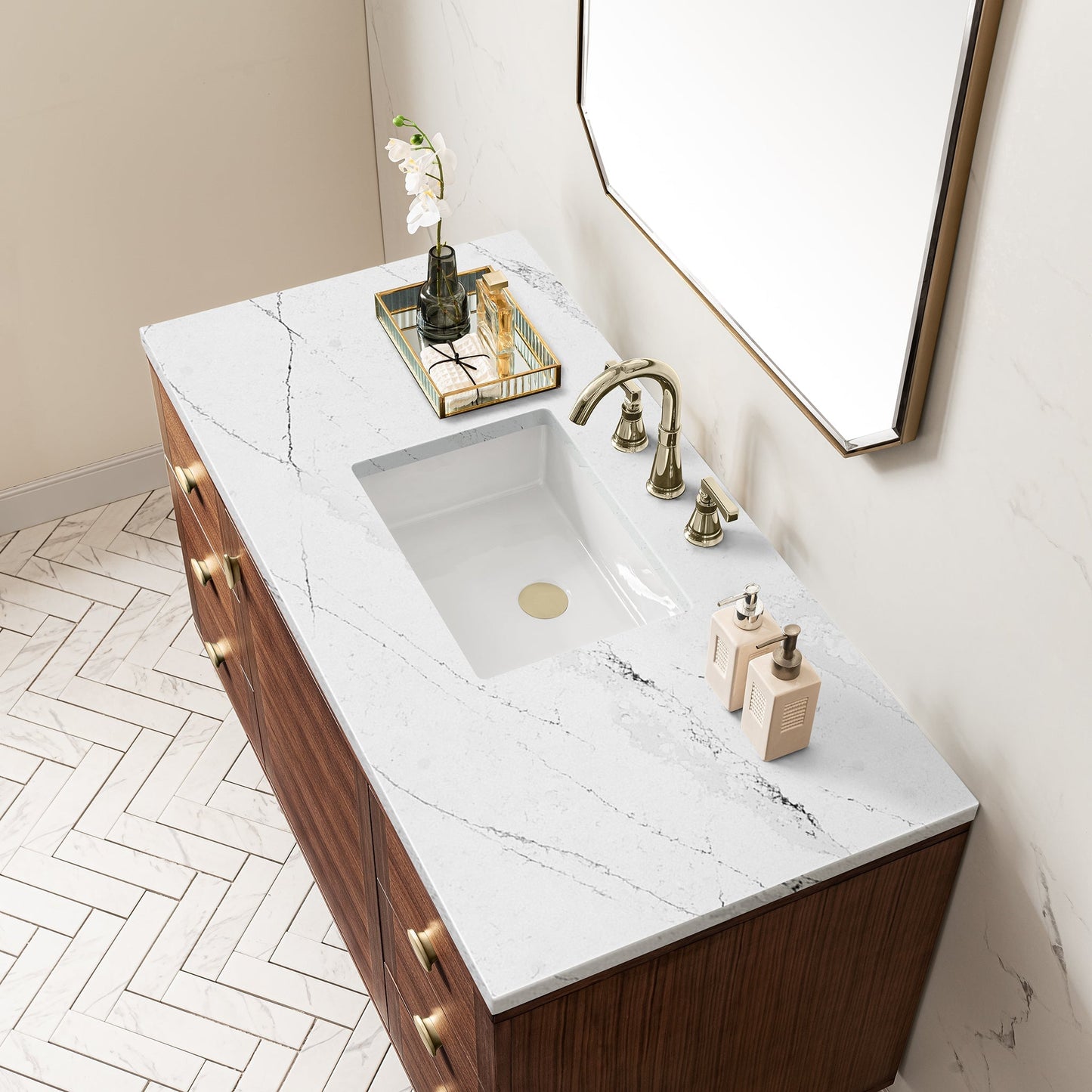 
                  
                    Amberly 48" Single Vanity in Mid-Century Walnut Single Bathroom Vanity James Martin Vanities Ethereal Noctis Silestone 
                  
                