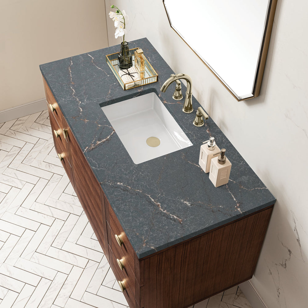 
                  
                    Amberly 48" Single Vanity in Mid-Century Walnut Single Bathroom Vanity James Martin Vanities Parisien Bleu Quartz 
                  
                
