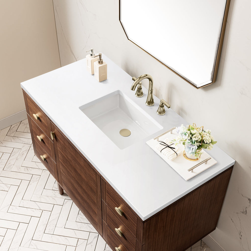 
                  
                    Amberly 48" Single Vanity in Mid-Century Walnut Single Bathroom Vanity James Martin Vanities White Zeus Quartz 
                  
                