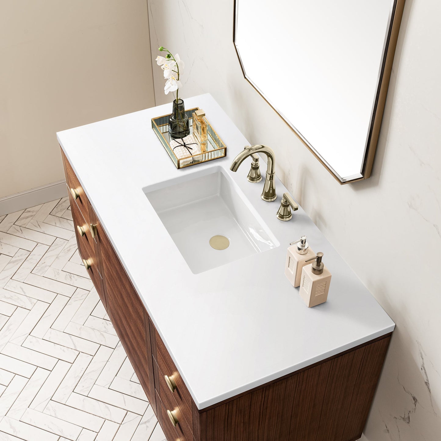 
                  
                    Amberly 48" Single Vanity in Mid-Century Walnut Single Bathroom Vanity James Martin Vanities White Zeus Silestone 
                  
                