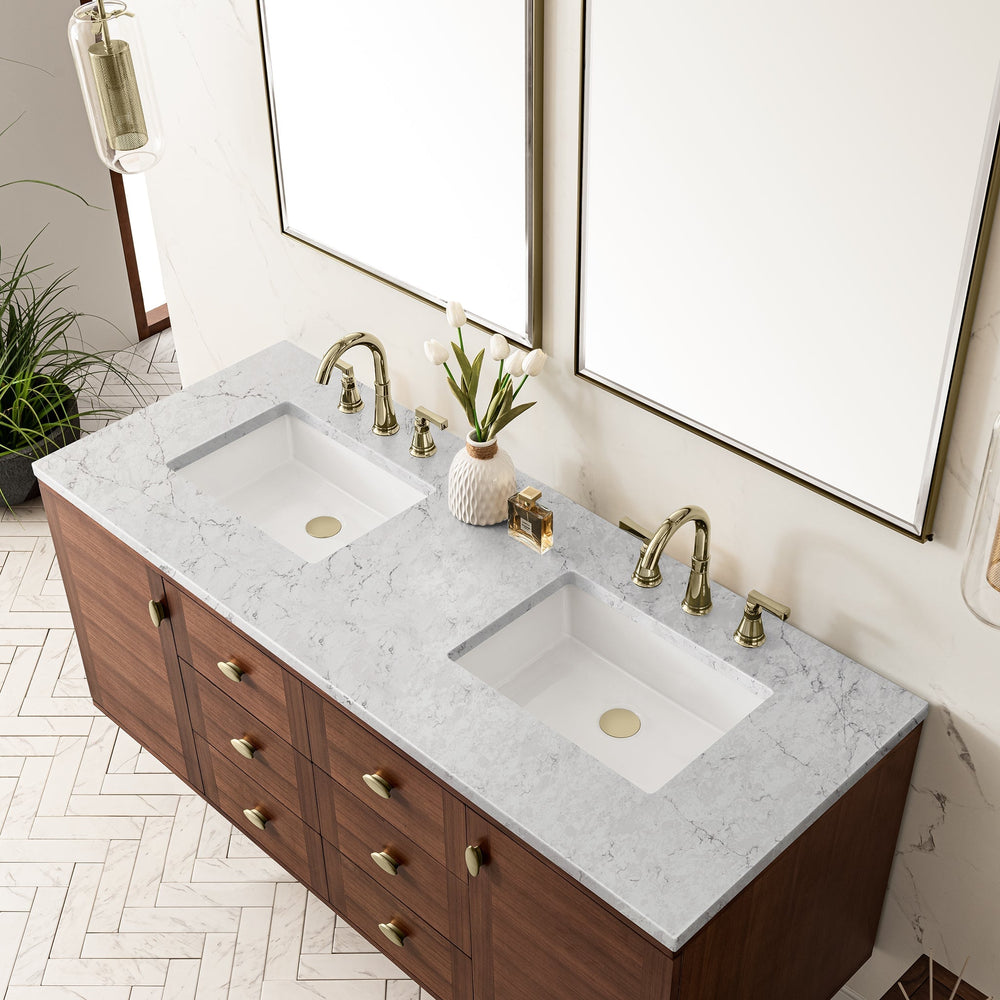 
                  
                    Amberly 60" Double Vanity in Mid-Century Walnut Double bathroom Vanity James Martin Vanities Eternal Jasmine Pearl Silestone 
                  
                