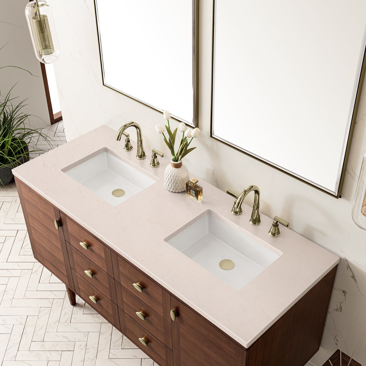 
                  
                    Amberly 60" Double Vanity in Mid-Century Walnut Double bathroom Vanity James Martin Vanities Eternal Marfil Quartz 
                  
                