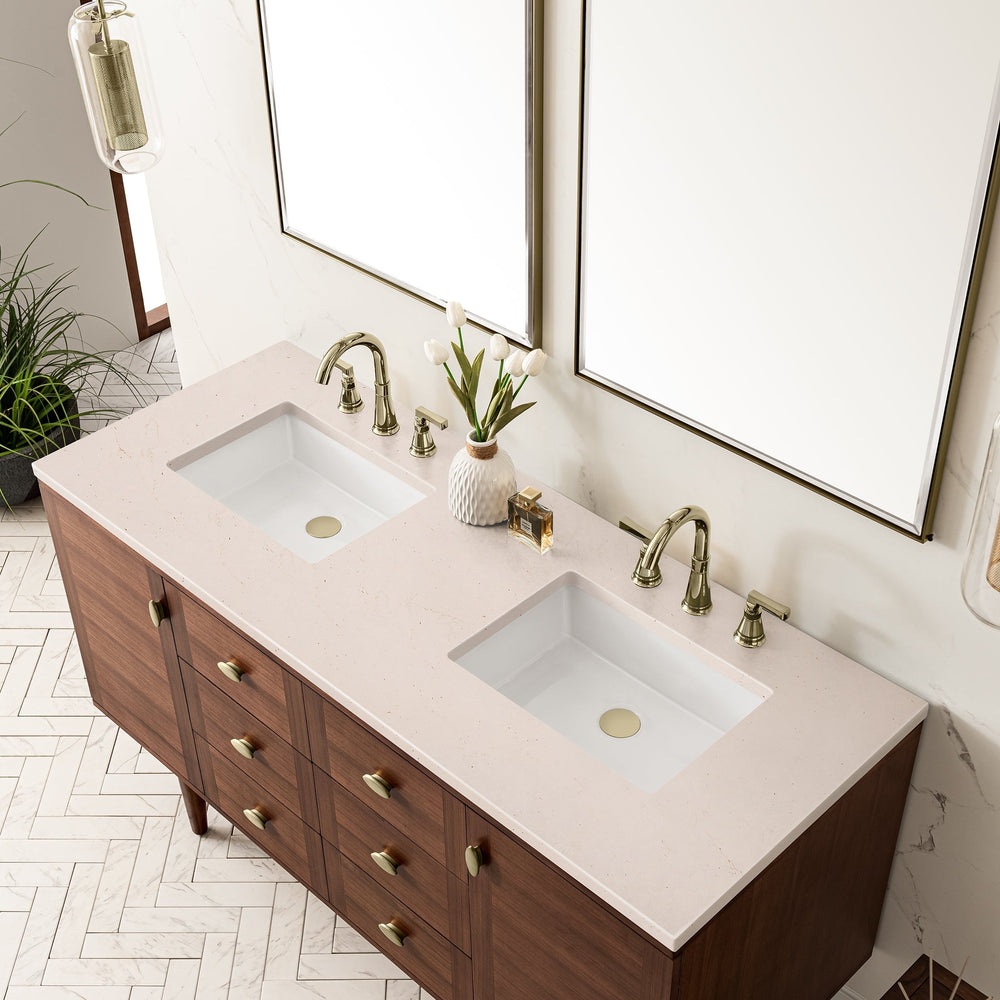 
                  
                    Amberly 60" Double Vanity in Mid-Century Walnut Double bathroom Vanity James Martin Vanities Eternal Marfil Silestone 
                  
                