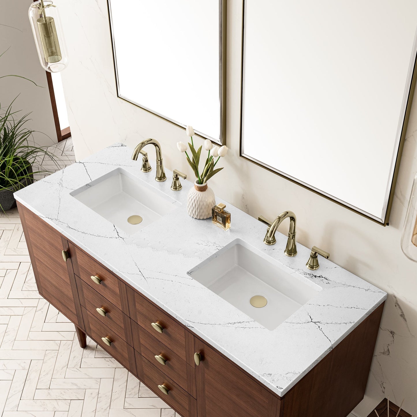 
                  
                    Amberly 60" Double Vanity in Mid-Century Walnut Double bathroom Vanity James Martin Vanities Ethereal Noctis Quartz 
                  
                
