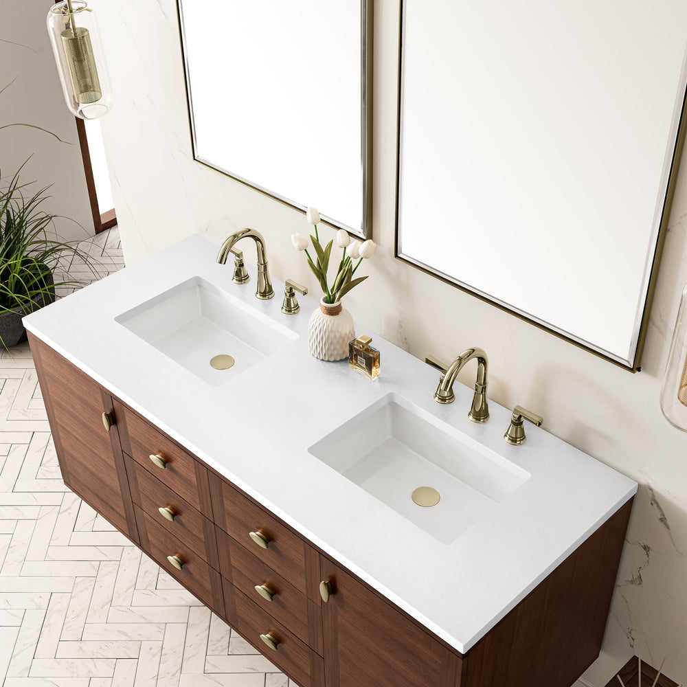 
                  
                    Amberly 60" Double Vanity in Mid-Century Walnut Double bathroom Vanity James Martin Vanities White Zeus Silestone 
                  
                