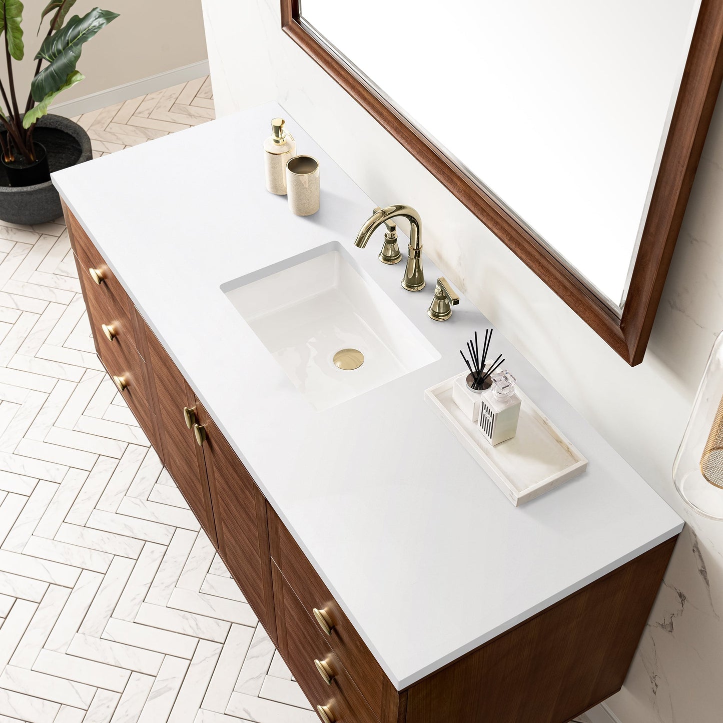 
                  
                    Amberly 60" Single Vanity in Mid-Century Walnut Single Bathroom Vanity James Martin Vanities White Zeus Quartz 
                  
                