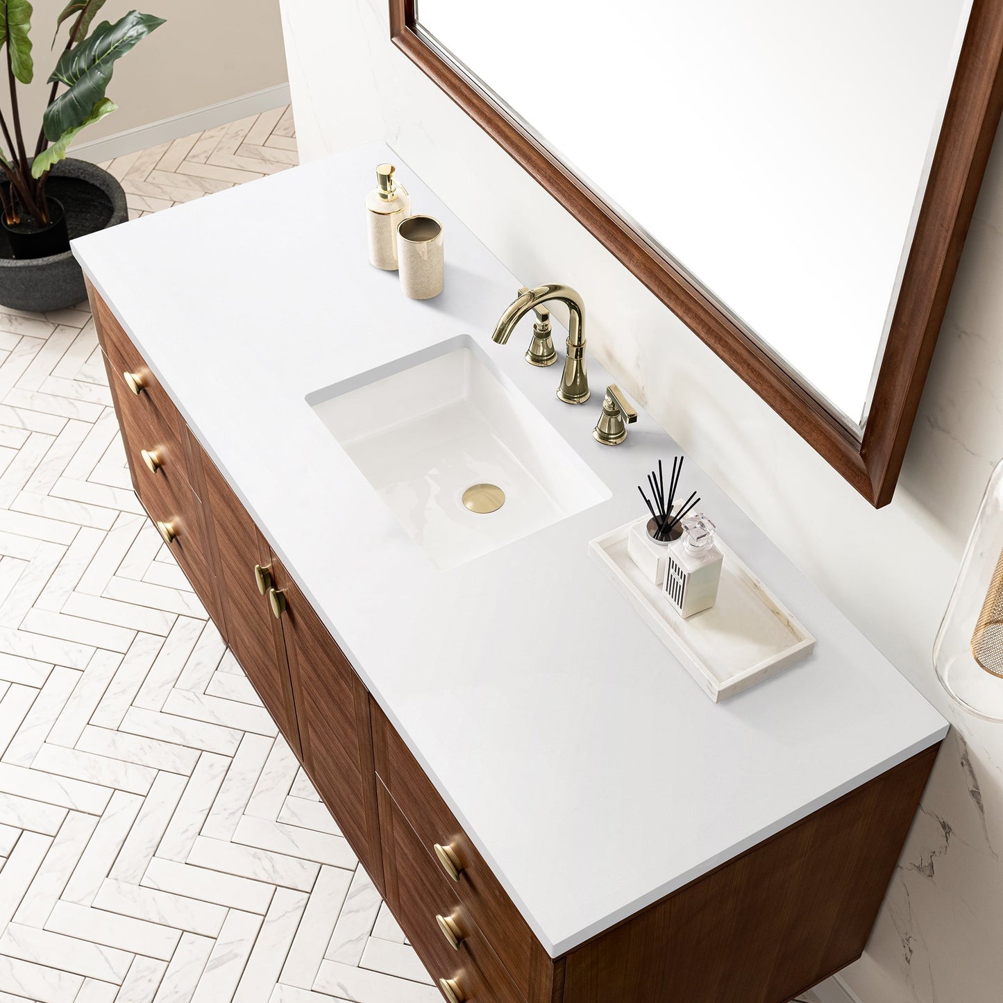 
                  
                    Amberly 60" Single Vanity in Mid-Century Walnut Single Bathroom Vanity James Martin Vanities White Zeus Silestone 
                  
                