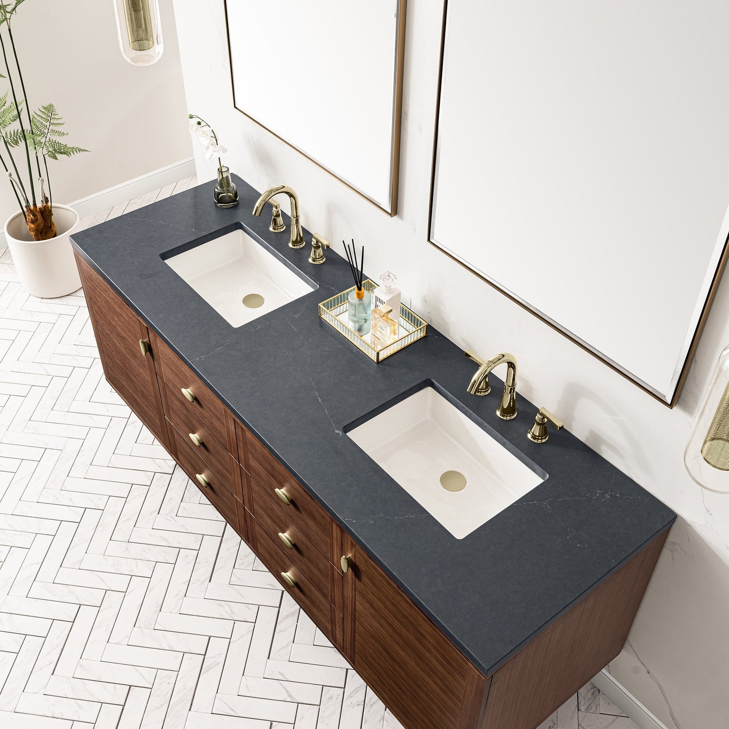 
                  
                    Amberly 72" Double Vanity in Mid-Century Walnut Double Bathroom Vanity James Martin Vanities Charcoal Soapstone Silestone 
                  
                