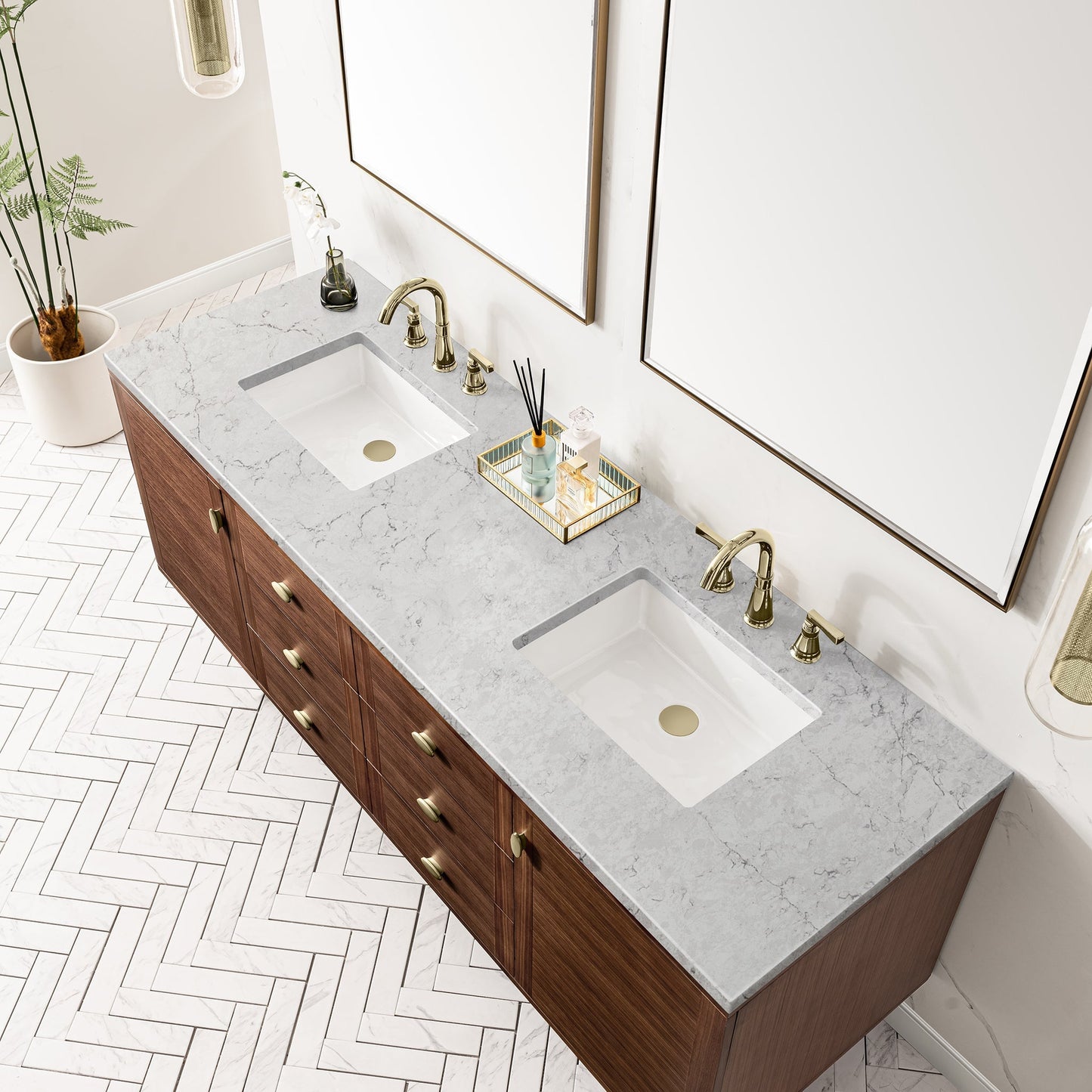 
                  
                    Amberly 72" Double Vanity in Mid-Century Walnut Double Bathroom Vanity James Martin Vanities Eternal Jasmine Pearl Silestone 
                  
                