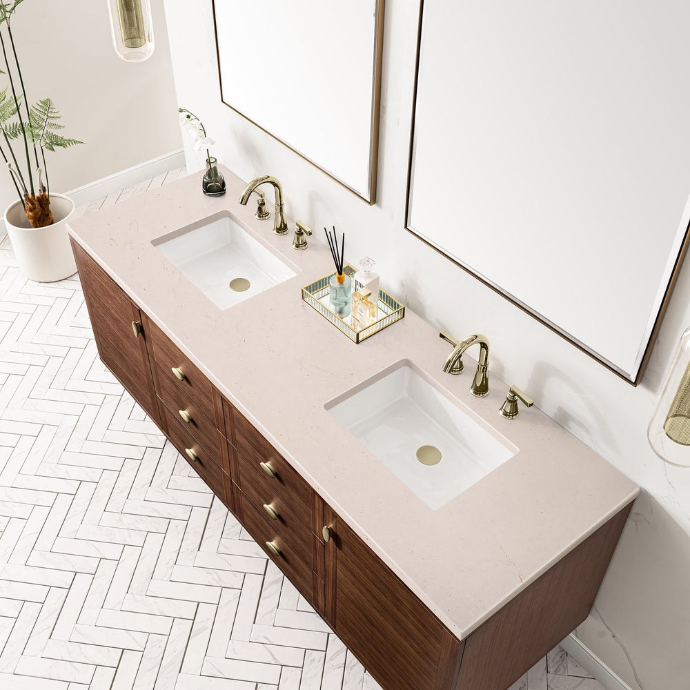 
                  
                    Amberly 72" Double Vanity in Mid-Century Walnut Double Bathroom Vanity James Martin Vanities Eternal Marfil Silestone 
                  
                