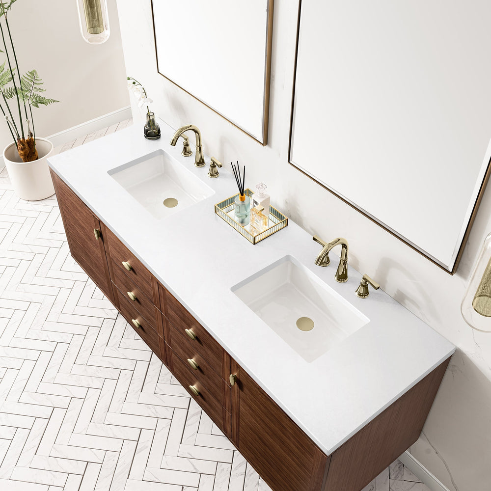 
                  
                    Amberly 72" Double Vanity in Mid-Century Walnut Double Bathroom Vanity James Martin Vanities White Zeus Silestone 
                  
                