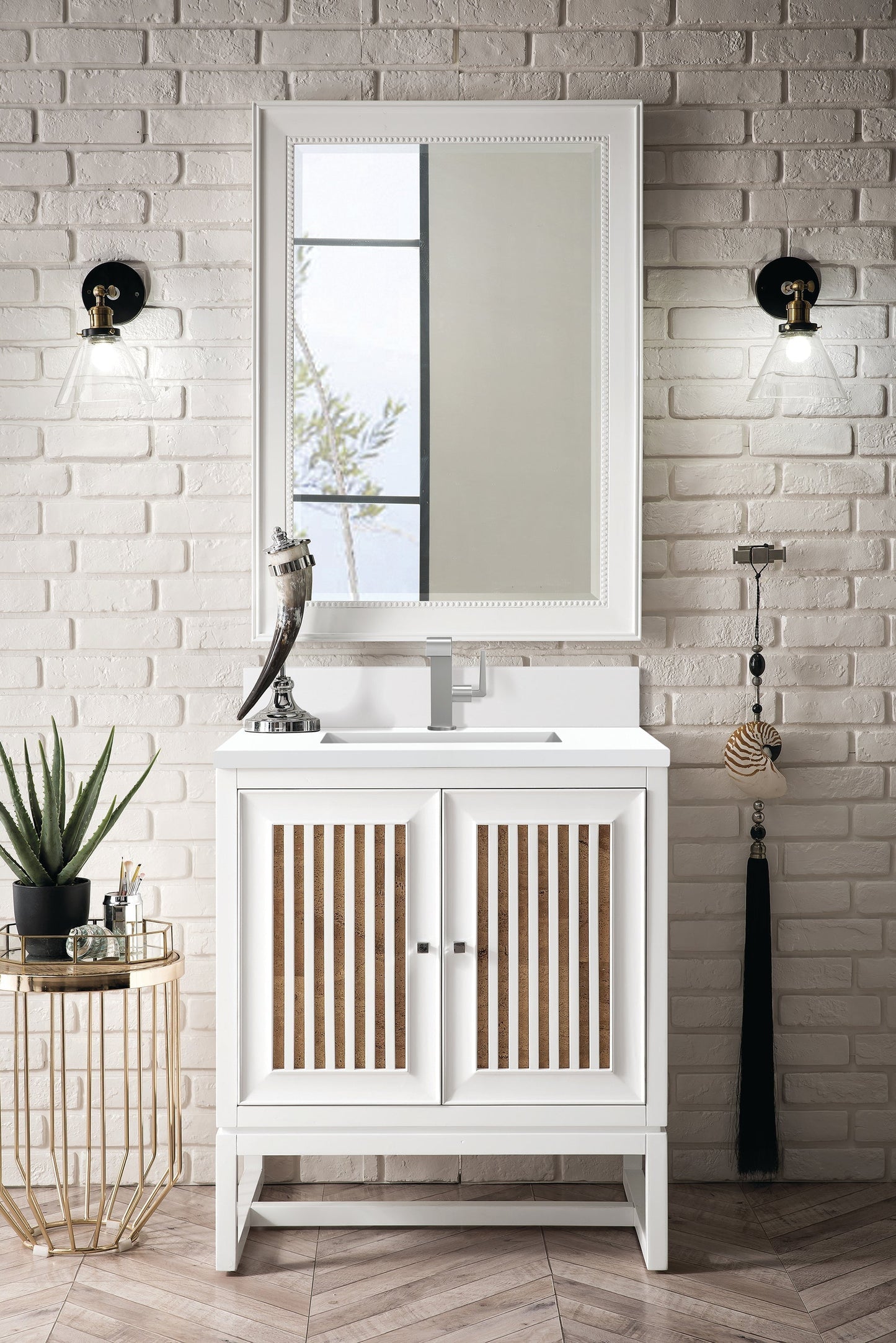 
                  
                    Athens 30" Single Vanity Cabinet in Glossy White Single Bathroom Vanity James Martin Vanities White Zeus Single Faucet Quartz Top w/Backsplash 
                  
                
