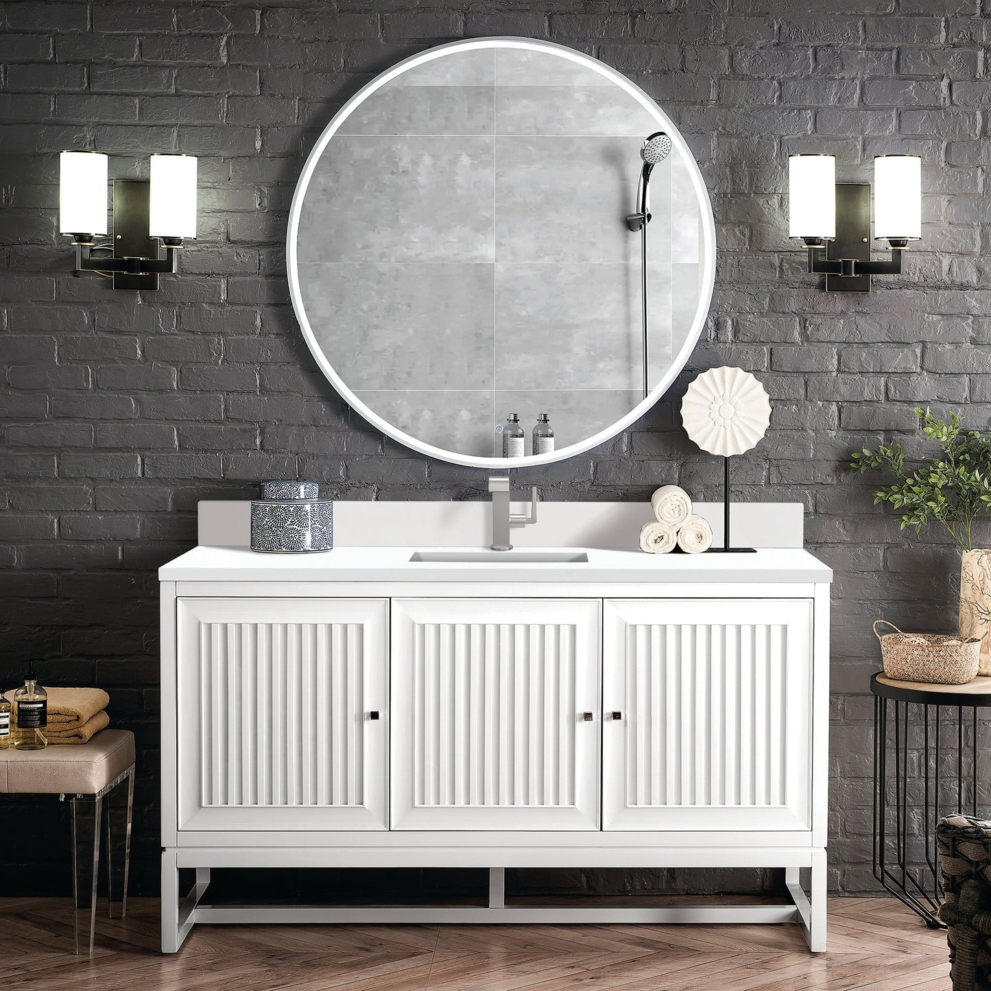 
                  
                    Athens 60" Single Vanity Cabinet , Glossy White Single Bathroom Vanity James Martin Vanities White Zeus Single Faucet Quartz Top w/Backsplash 
                  
                