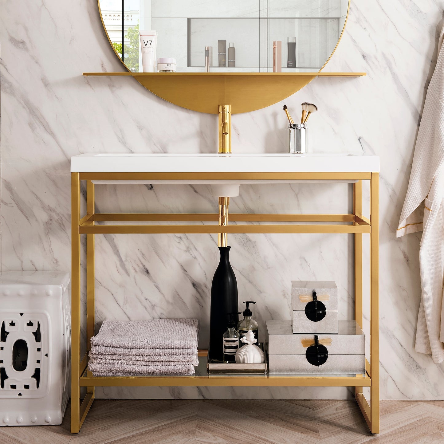 James Martin Vanities Boston Radiant Gold Stainless Steel Freestanding  Transitional Console Sink with Base (63-in x 18.1-in x 35.5-in) at