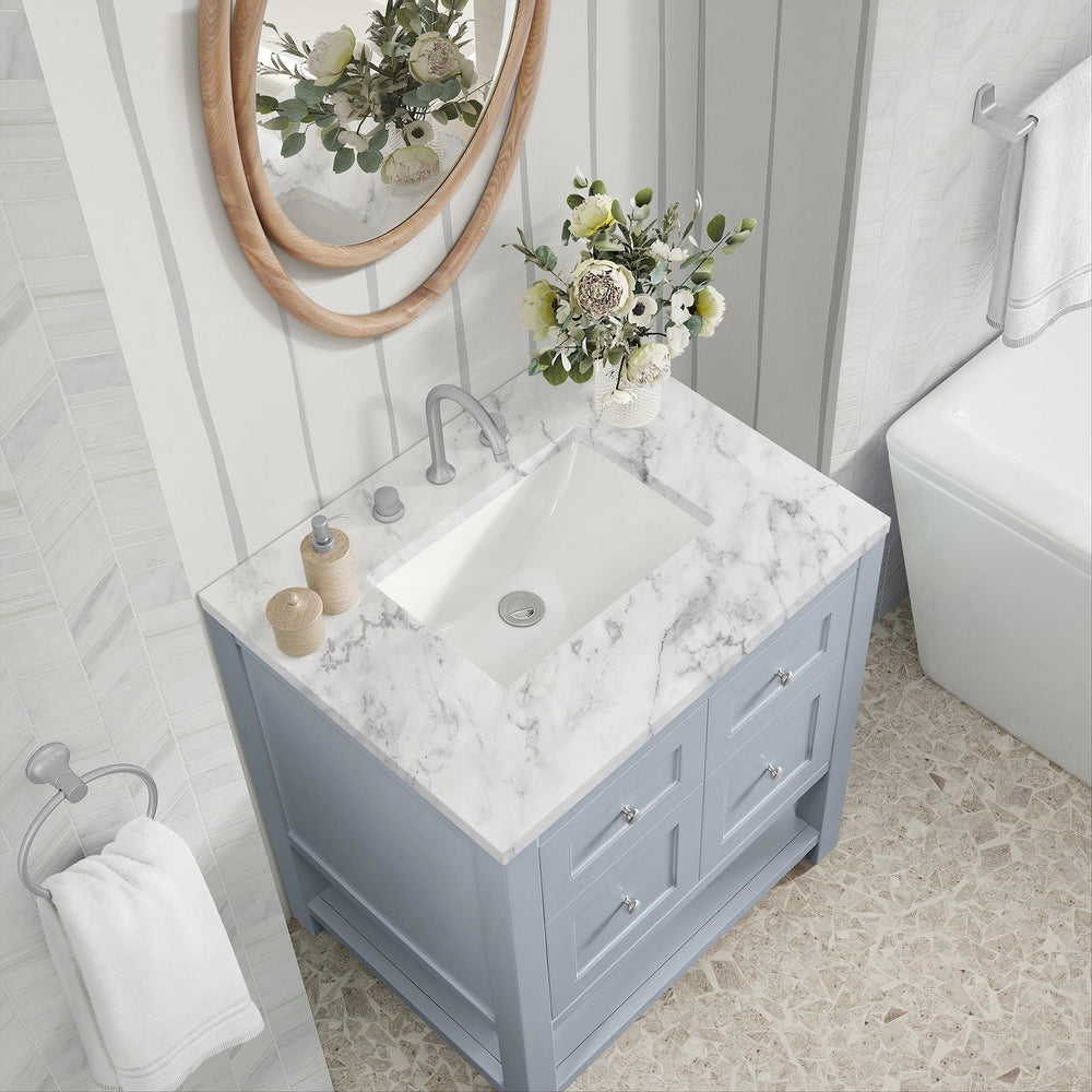 
                  
                    Breckenridge 30" Single Vanity in Serenity Blue Single Vanity James Martin Vanities Carrara White Marble 
                  
                