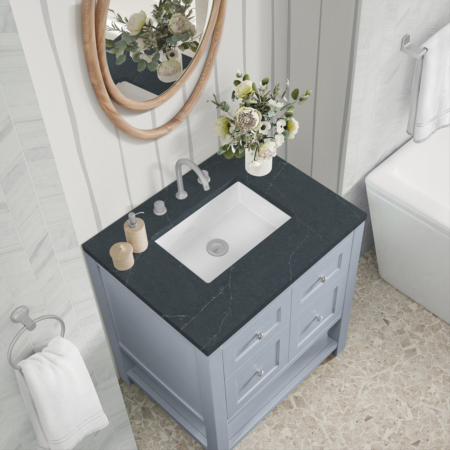 
                  
                    Breckenridge 30" Single Vanity in Serenity Blue Single Vanity James Martin Vanities Charcoal Soapstone Silestone 
                  
                