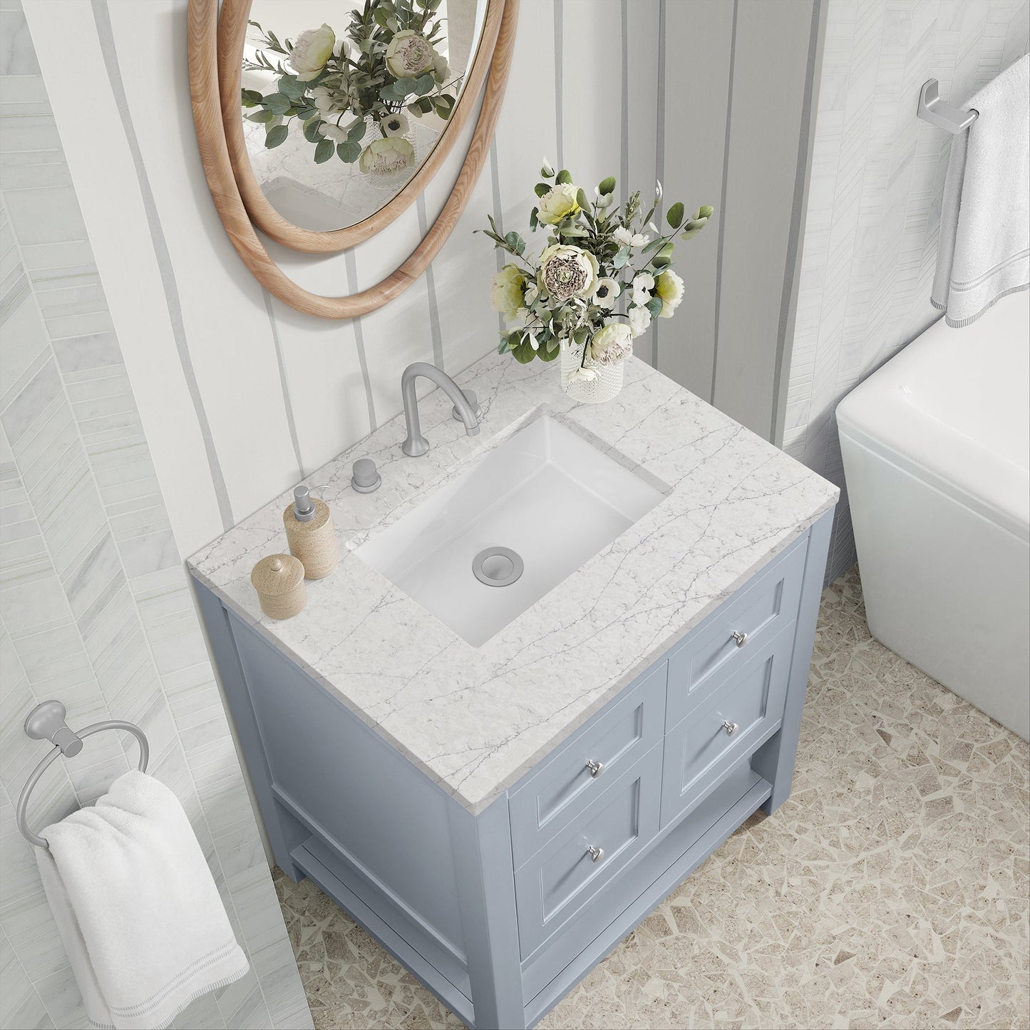 
                  
                    Breckenridge 30" Single Vanity in Serenity Blue Single Vanity James Martin Vanities Eternal Pearl Jasmine Silestone 
                  
                