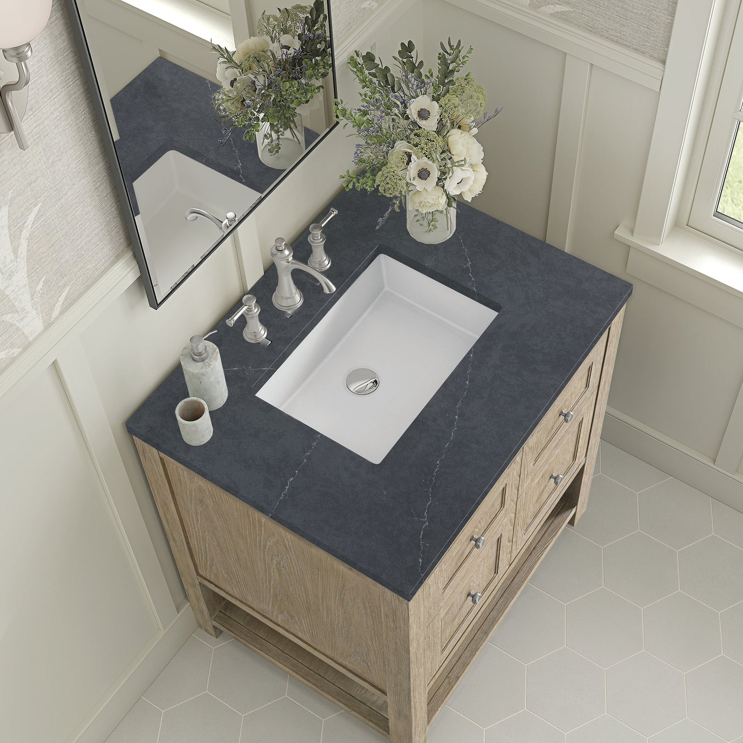 
                  
                    Breckenridge 30" Single Vanity in Whitewashed Oak Single Vanity James Martin Vanities Charcoal Soapstone Silestone 
                  
                